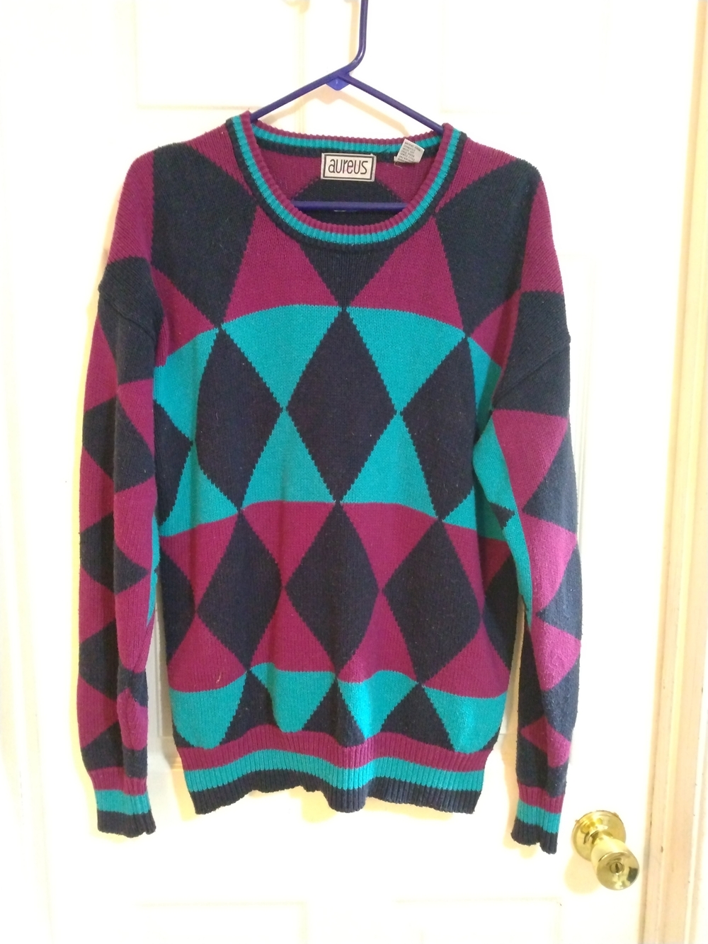 Vintage Aureus Purple/Teal/Navy Diamond Geometric Crew Neck Knit Ski Sweater